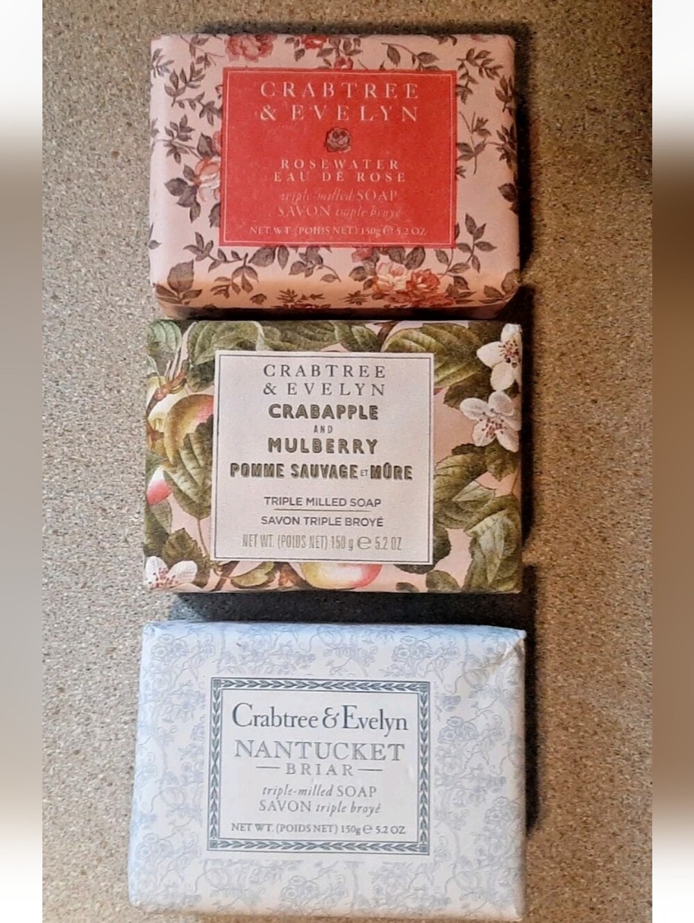 3 Crabtree & Evelyn Triple Milled Soaps 5.2oz.